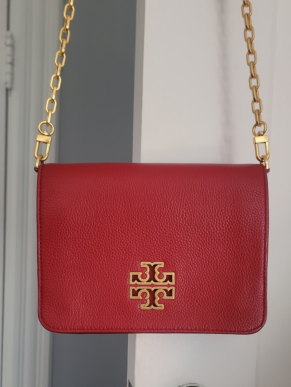 Tory Burch Red Leather Crossbody with Gold Chain